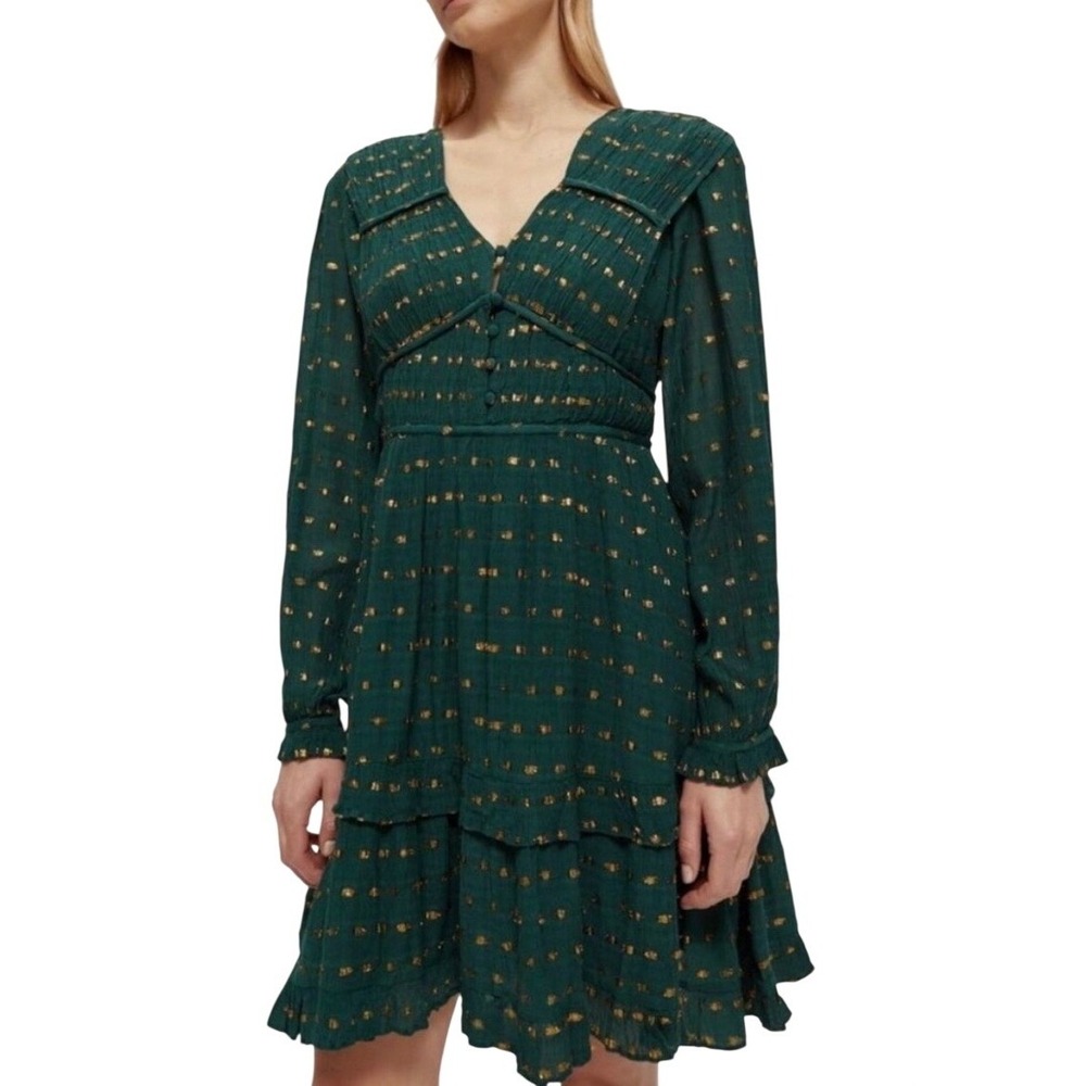 Scotch & Soda Mini Dress Womens Small Green Gold Lurex Tiered Long Sleeve Boho‎
